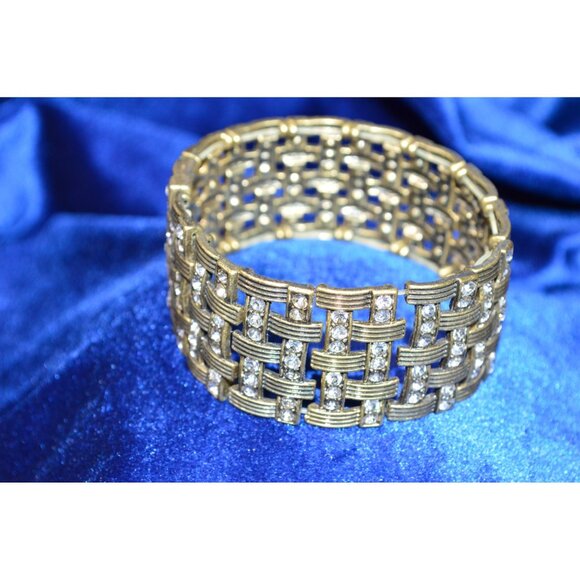 Premier Designs Basket Weave Rhinestone Bracelet Stretch Gold Tone - Picture 1 of 3